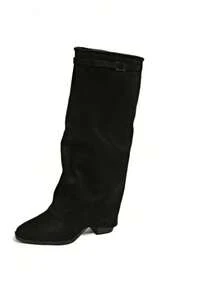 Black Striped Buckle Shaft Boots, High Chunky Heel Round Toe Slip-On, Versatile Elegant Boots For Vacation, Mid-Calf Boots, Fall, Winter, Autumn, Party, Music Festival,Knee High Boots - Black - View 9