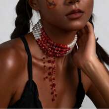 A Sweet Cool Halloween Gothic Style Multi-Layer Blood Drop Beaded Tassel Choker Design Sense Activities Party Party Sexy Personality Hip Hop Street Style Light Luxury Fashion Ladies Neckwear Party Favors, Halloween, The Best Choice For Christmas Party Gifts - 萬聖節多層血滴串珠流蘇choker - 查看 3