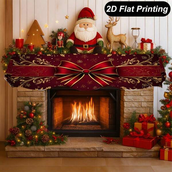 1pc Extra Long Christmas Fireplace Mantel Cover & Table Runner - Elegant Red & Golden Holiday Decor With Fireplace Scarf, Large 78.7x19.6 Inch Fireplace Mantel Decoration For Living Room, Dining Table - Durable Polyester Fabric For Christmas Party Decorations, Seasonal Home Accent, Festive Design, Highquality Print, Home Decorators