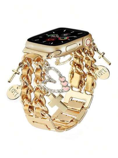 1PC Golden Lovely Double Leather Chain With Love Pendant Metal Strap 38/40/41/42mm 42/44/45/46/49mm Compatible With Apple Watch Ultra 2/SE/10/9/8/7/6/5/4/3/2/1