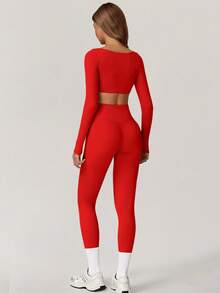 Yefecy Women's 2 Pieces Workout Set Long Sleeve Crop Top & High Waist Leggings, Quick-Dry Yoga Gym Running Suit, Fall Activewear 2025 - Red - View 5