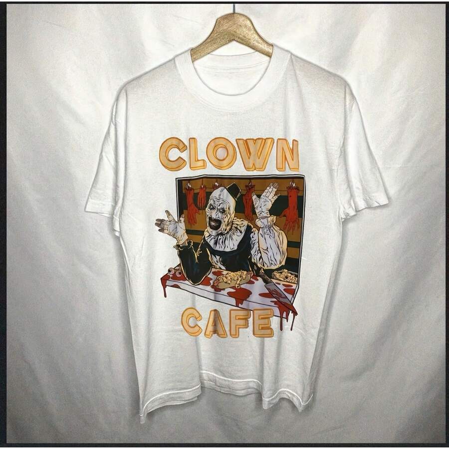 Unrsal Studios HHN Halloween Horror Nights 2025 Terrifier Clown Cafe Shirt - Trắng 4 - Xem 1