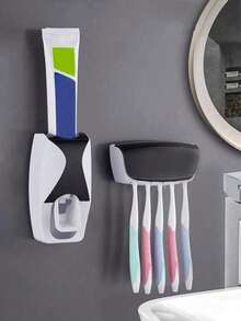 2pcs Automatic Toothbrush & Toothpaste Dispenser Set, Wall-Mounted Toothpaste Squeezer And Toothbrush Holder Set, Fully Automatic Toothbrush Holder + Toothbrush Rack Set, No-Drill Wall-Mounted 5-Slot Toothbrush Holder, Suitable For Kids, Family And Bathroom Use, Mother's Day Gift - Multicolor - View 10