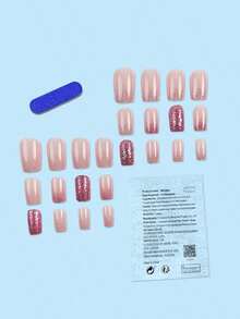 24Pcs Rectangle Shape Long Lasting Ombre Glitter Design False Nails Nail Art Kit, Suitable For Women And Girls Press On Nails Nail Supplies Nails - 淺粉色 - 查看 3