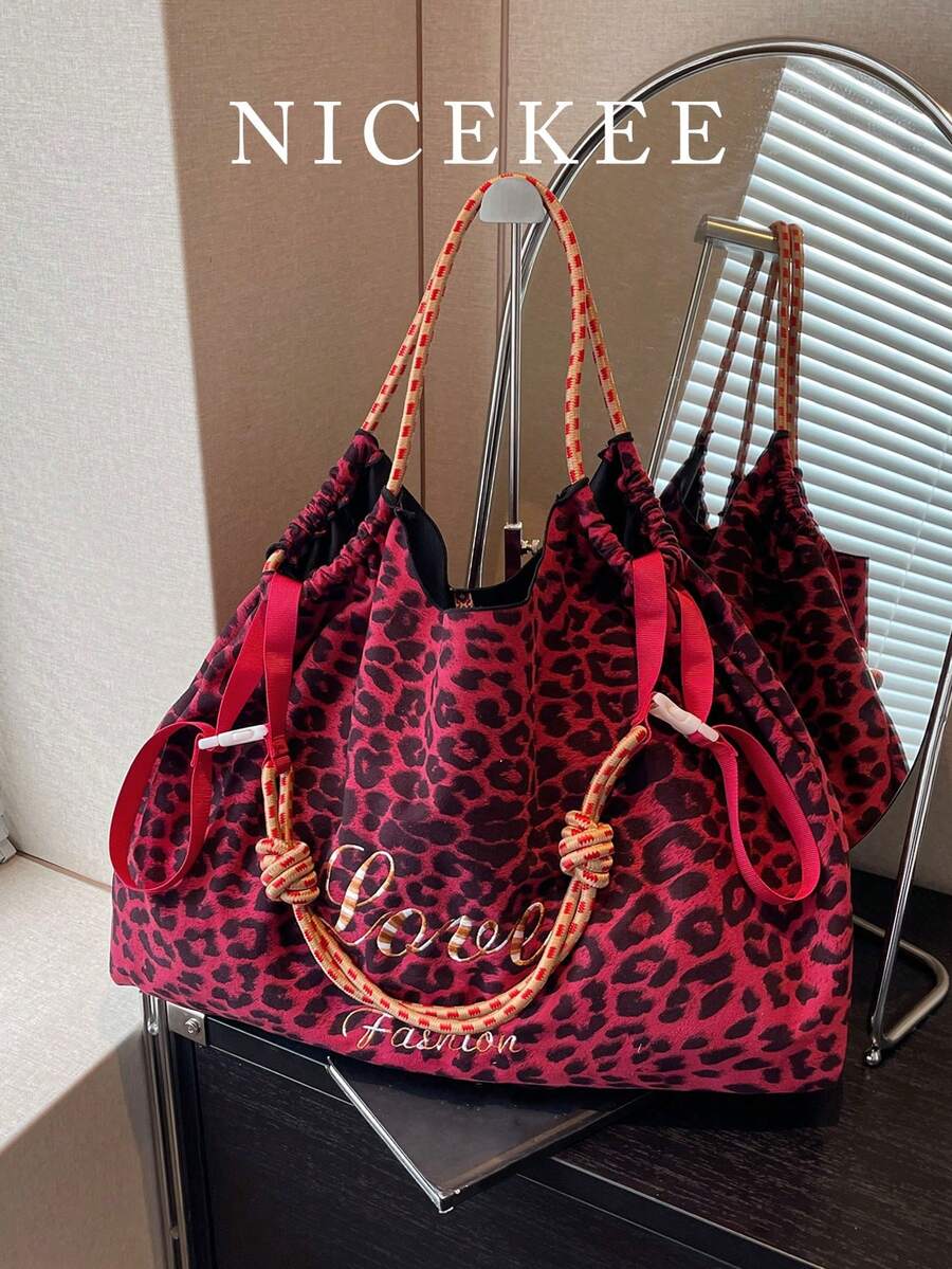 极简时尚个性化豹纹手提包，时尚百搭大容量休闲单肩包，小众流行多功能斜挎包，配有长肩带，适合购物和户外露营 - 彩色 - 查看 1