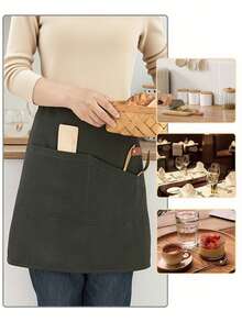 1 pieza Delantal de cocina, delantal de chef para hombres y mujeres con bolsillos grandes, delantal de cintura con 2 bolsillos - Delantal corto negro para camareros y camareras, de lona con espalda cruzada, resistente y ajustable, para camareros, cocina, baño, hogar, proveedores domésticos