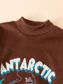 3pcs/Set Young Boys Cartoon Baseball Bear Fishing Bear Crocodile And Letter Print, Casual Comfortable Soft Fleece Tops, Long Sleeve Tops Turtleneck, Thermal Fall Outfits Underwear Suit For Autumn/Winter