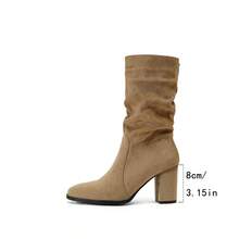 粗跟叠跟圆头绒面革修身高筒靴女式，新款秋冬中筒皮草马靴 - 卡其色 - 查看 6