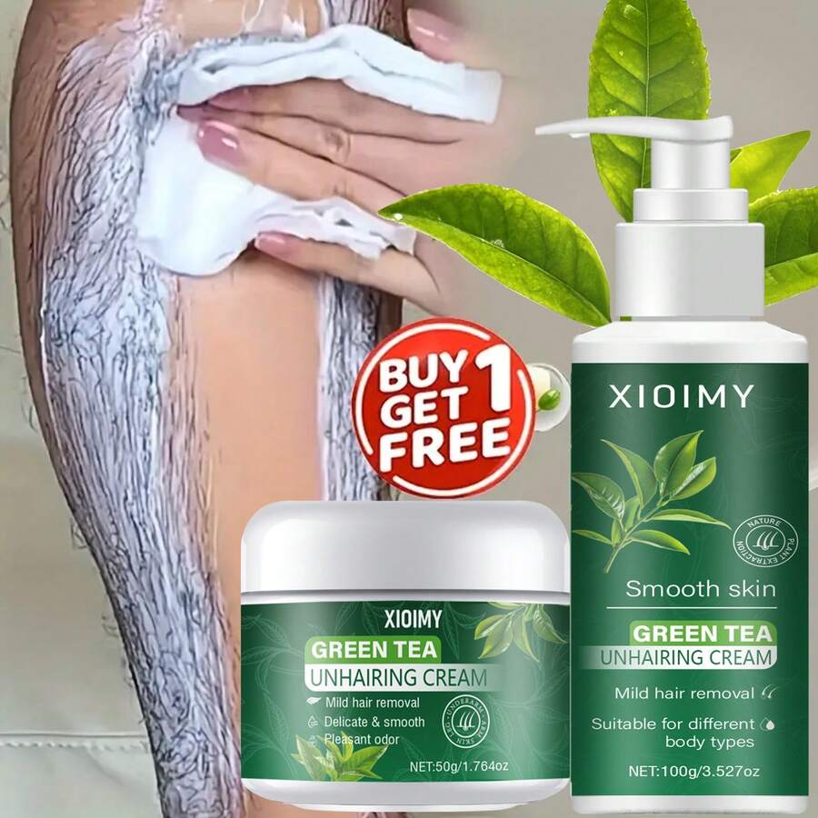 2盒XIOIMY绿茶脱毛膏套装,温和无痛,适合所有肤质,快速脱毛不黑化,低过敏性,男女通用,光滑肌肤|温和脱毛|低过敏膏 - 白色 - 查看 1