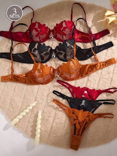 3 Conjuntos de 6 piezas de sujetador y tanga para mujer con diseño bordado de flor de lirio y corazón, con soporte lateral cómodo y suave, estilo cómodo para el hogar con top ultra corto y tanga