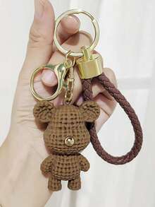 1pc Cute Cartoon Heart Knitted Car Key Chain Pendant, Couple Rabbit & Bear Keychain, Lovely Plush Christmas Gift