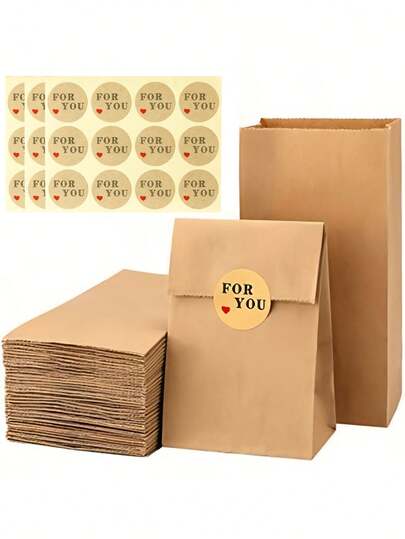 24pcs/50pcs Brown Kraft Paper Candy Bags With Stickers For Snack, Birthday, Wedding, Halloween, Christmas Party Supplies
