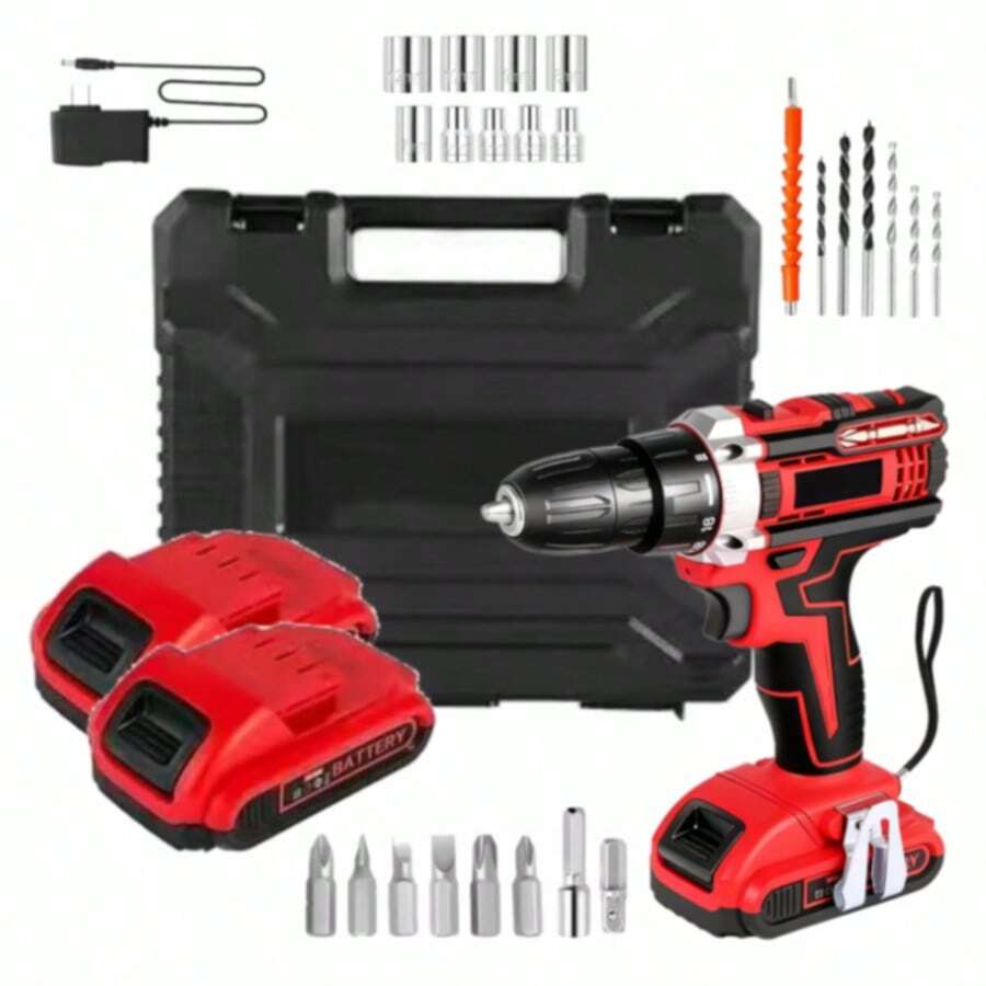 Kit de Taladro Eléctrico Inalámbrico Electrico Atornillador Kit de taladro eléctrico: 2 baterías, amplia accesorios, gancho desmontable, dispositivo de nivelación y luz LED equipada. Ideal para reformas hogareñas, trabajos de madera, reparaciones diarias, satisface necesidades domésticas y profesionales.​ - Rojo - Ver 1