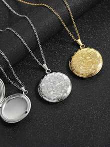 1pc Stainless Steel Hollow Vintage French 18K Plated Oval Embossed Floral Geometric Pendant Necklace, Can Open To Hold Photos, Minimalist Elegant Jewelry Gift For Men & Women, Valentine's Day