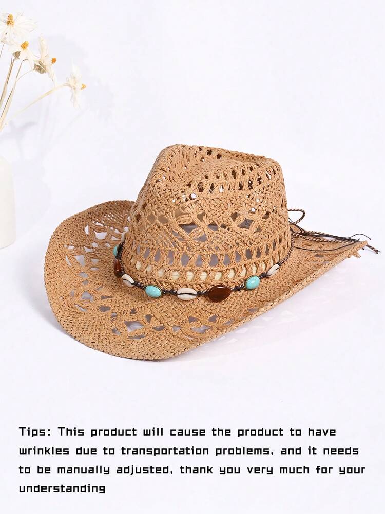 1 pieza Sombrero de paja de Panamá hueco de unicolor bohemio, sombrero de sol decorativo de protección UV casual, versátil y de moda, adecuado para actividades al aire libre, todas las estaciones - sombrero de paja panamá - Añade 11