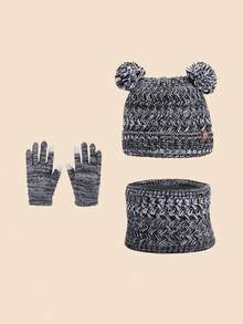 3 件套儿童帽子、手套和围巾套装，保暖内衬护耳针织帽，适合男孩和女孩的冬季保暖服装 - 雙球三件套 - 查看 2