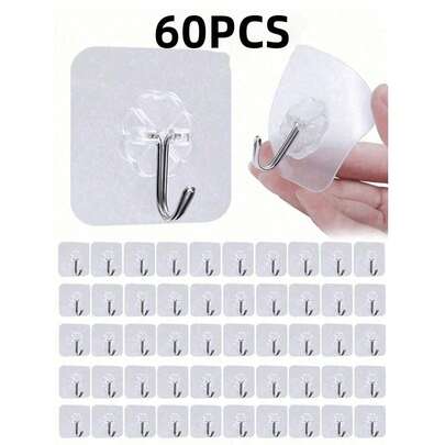 60 piezas Ganchos adhesivos transparentes de alta resistencia, sin necesidad de perforar, ganchos de colgar sin daños, adhesivo fuerte, removibles, transparentes, resistentes al agua y al óxido, adecuados para ropa, sombreros, vajilla, zapatos, accesorios, utensilios de cocina, bolsas, etc. Aplicable para cocina, baño, sala de estar, paredes del dormitorio, estantería de almacenamiento colgante multifuncional, adecuado para el hogar, paredes, puertas, armarios, etc.
