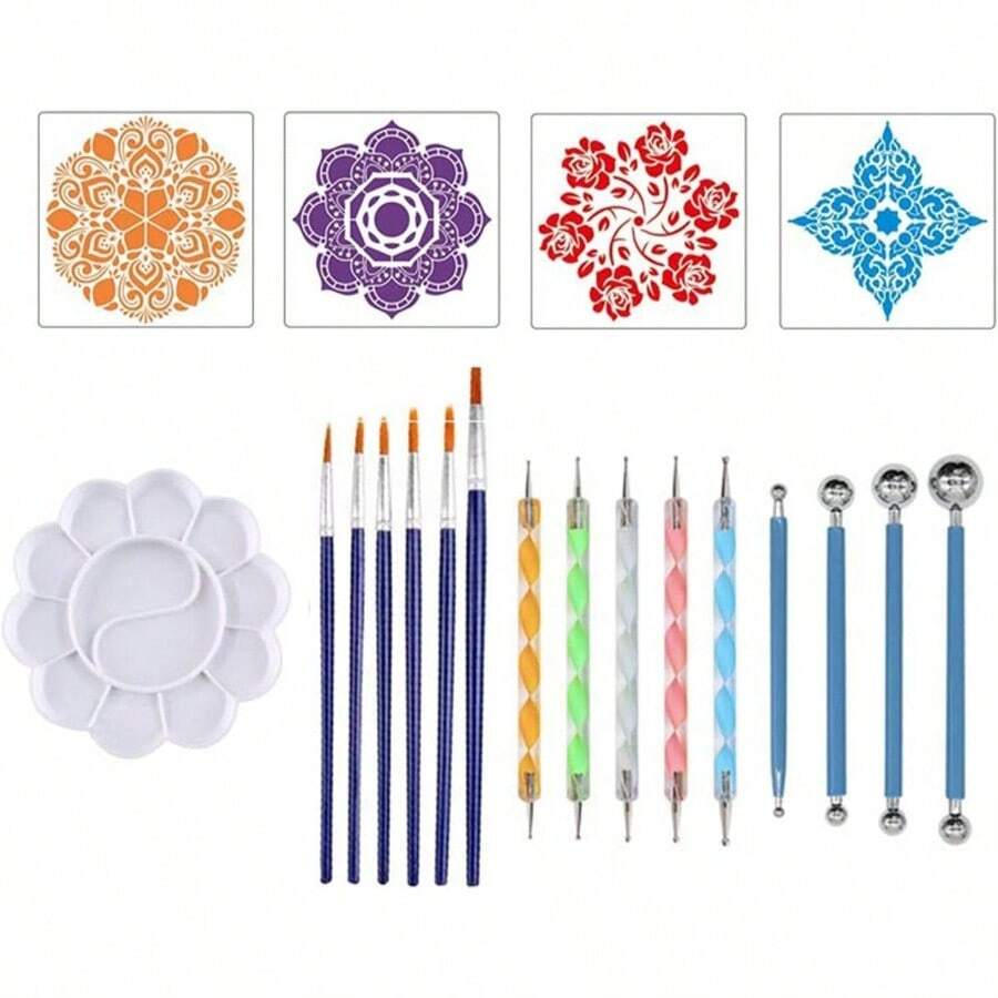 20 Piece Set Mandala Dotting Tools Painting Stencils Ball Stylus Palette Paint Brushes Canvas Rocks Coloring Drawing Crafting Art Supplies - inicial - Ver 1