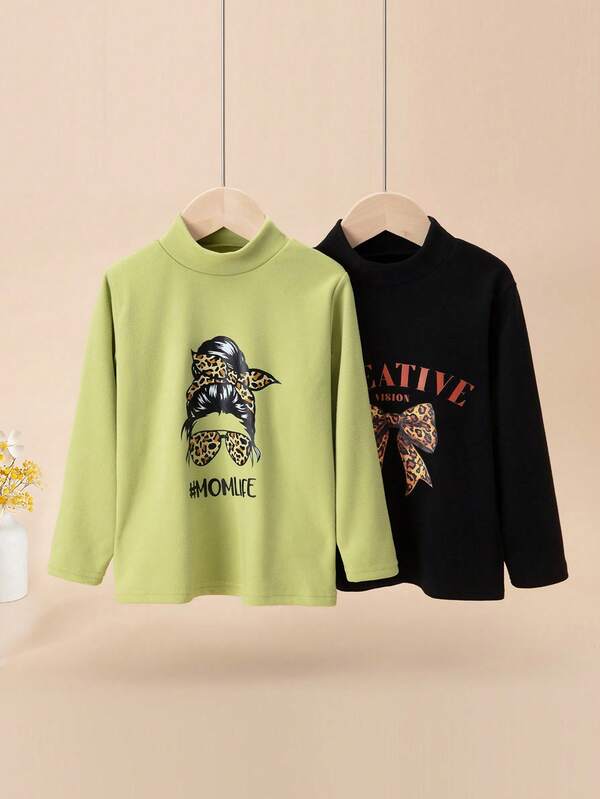 مجموعة مكونة من قطعتين للفتيات الصغيرات، طبعة وجه وفراء النمر الفاخرة، بيجامات ناعمة مريحة من الفليس، بلوزات بأكمام طويلة وياقة عالية، ملابس داخلية دافئة لفصلي الخريف والشتاء