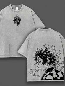 Washed Cotton Men's T-Shirts, Cool Anime T-Shirts, Ideal Choices For Anime Fans And Enthusiasts, Retro Heavy Cotton Double-Sided Pattern T-Shirts, Round Neck Street-Style Men's Clothes, Gifts For Friends. - Xám - Xem 1