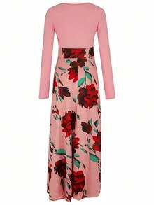 Vestidos de mangas largas noche vestido largo con estampado floral descubiertos elegantes moda para mujer, Elegante vestido largo de con estampado floral, corte en A - Rosa - Ver 7