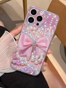 1pc New Luxury Rhinestone Shell Pearl Bow Design Phone Case Compatible With IPhone 17 Pro Max, 17 Pro, 17 Air, Cute Pattern Gift For Friends, Family, Couples, Birthday, Festivals, Black Matte Soft Silicone Protective Cover Compatible With IPhone 16/15/14/13/12/11/Pro/ProMax/X/XR/XS/XSMax/7/8/Plus, Galaxy S25 Ultra, S24 Plus, S23 FE, S22, A55