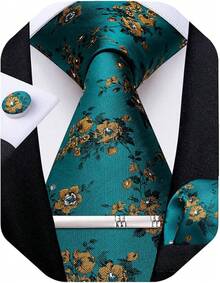 Conjunto de corbata de seda con estampado floral, incluye pinza de corbata, pañuelo y gemelos - Verde azulado y dorado - Ver 1