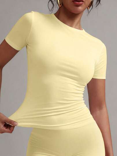 XLLAIS 2025 Model Crew Neck Short Sleeve Summer Cream Yellow Solid Basic Fitted Sporty Casual T-Shirt For Women, Back To School Season