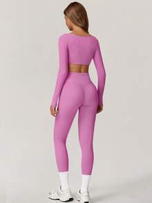 Yefecy Women's 2 Pieces Workout Set Long Sleeve Crop Top & High Waist Leggings, Quick-Dry Yoga Gym Running Suit, Fall Activewear 2025 - 玫紅色 - 查看 4