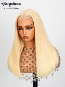 MEGALOOK 沙龙级奢华#613金色6x5蕾丝假发，200%密度双层拉直顺滑发，预剪隐形蕾丝假发，预缝自然发际线，金色假发，无胶透明蕾丝闭合假发，长款波波头假发，真人发丝，适合夏季、派对、运动、Y2K时尚、万圣节、节日及各种场合。 - S613 - 查看 5