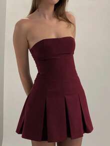 Unadoll Women's Strapless, Backless, Ruched, Sexy, Elegant Vacation, Date, Back To School, Music Festival, Cocktail Party, Formal Solid Color Mini Skirt - Burgundy - View 9