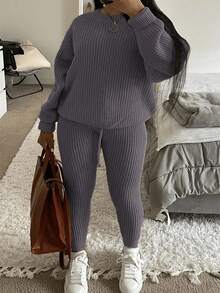 Bộ đồ dệt kim 2 món dành cho nữ, áo len dài tay cổ tròn màu trơn kết hợp với quần cạp chun, bộ đồ dệt kim 2 mảnh phù hợp cho mùa thu/đông, bộ đồ mặc nhà thường ngày, bộ quần áo nữ, trang phục mùa đông nữ, áo khoác ngoài. - Màu xám đen - Xem 2