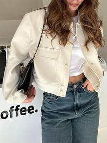 Yuwenier 时尚休闲长袖短款飞行员夹克，宽松版型，翻盖口袋，圆领纽扣前襟外套，女士约会外套 - 米色 - 查看 3