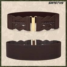 Vintage Stretchy Wide Elastic Belt With Gold Buckle For Women - 咖啡 - 查看 7