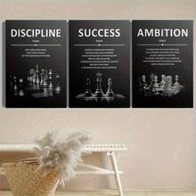 三幅装裱帆布画/海报，可直接悬挂，是办公室的理想装饰，包含励志名言和国际象棋元素，适合家居装饰、墙面艺术、房间装饰，高清印刷，是客厅、卧室、餐厅、办公室的绝佳礼物。 - 彩色 - 查看 10