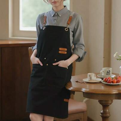 1pc Canvas Apron With Pockets, Suitable For Men And Women, Great For Cafes, Restaurants, Fruit Shops, Bubble Tea Shops, And Home Use