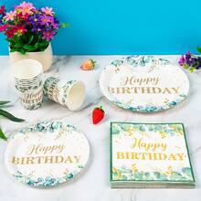 1 set de vaisselle jetable avec motif de feuilles vertes et "Happy Birthday", comprenant assiettes, serviettes et gobelets, convenant pour 8 personnes. Fournitures de fête en papier jetable pour anniversaire, pique-nique en famille.