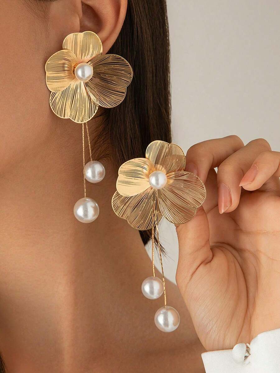 1 对金属银杏叶和花项链和流苏耳环套装，适合女性约会、聚会、派对、野餐、珠宝搭配 - 金黃色 - 查看 1