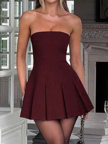 Unadoll Women's Strapless, Backless, Ruched, Sexy, Elegant Vacation, Date, Back To School, Music Festival, Cocktail Party, Formal Solid Color Mini Skirt - Burgundy - View 5