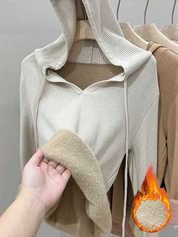 Suéter con capucha cálido y esponjoso de estilo retro y casual coreano de Año Nuevo, en color beige, para mujer en invierno, otoño, Navidad y Acción de Gracias