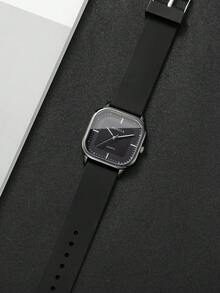 1pc Men's Silicone Strap Fashion Casual Square Minimalist Dial Quartz Wrist Watch, Classic - Black - View 6