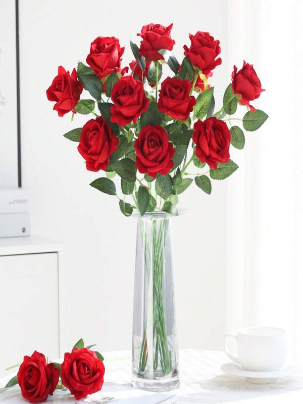 3pcs Artificial Rose Flowers - 19.69ih Realistic Flocked Rose Bouquet, Suitable For Party, Home, Wedding Centerpiece, Office, Christmas DIY Decoration, Great Gift For Valentine's Day Christmas Thanksgiving Mother's Day