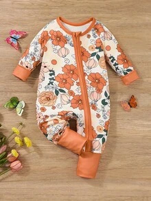 Baby Girl Zipper Front Long Sleeve Romper, Soft Breathable Comfortable Daily Wear, Round Neck Flower Print Jumpsuit, Spring Autumn - trái cam - Xem 1