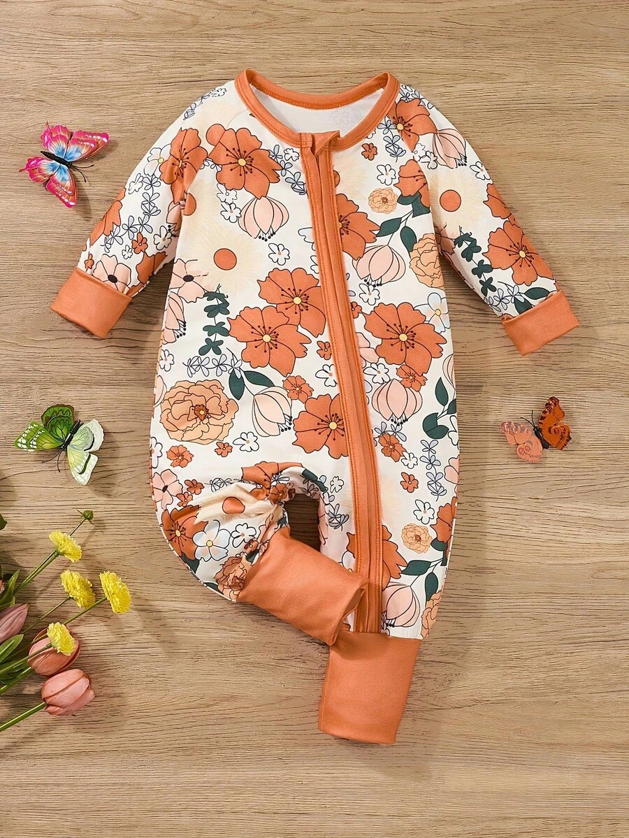 Baby Girl Zipper Front Long Sleeve Romper, Soft Breathable Comfortable Daily Wear, Round Neck Flower Print Jumpsuit, Spring Autumn - trái cam - Xem 1