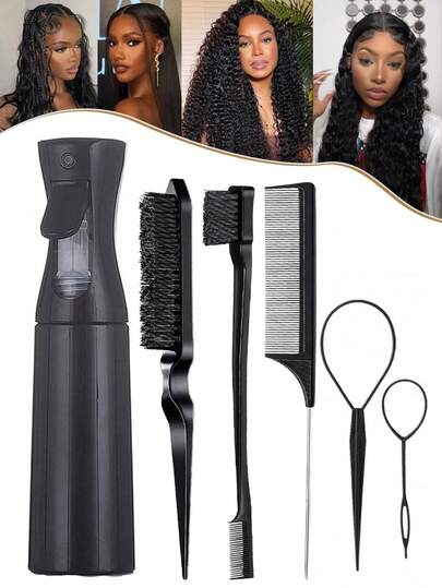 Hair Styling Tool Set With Spray Bottle, Edge Brush, Parting Comb And Hair Loop Tools, Multi-Functional Kit For Braids, Wig Styling And Hair Sectioning At Home Or Salon