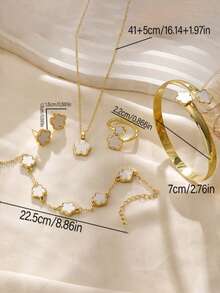 6 件套幸运四叶草设计手链、项链、耳环、手镯和戒指套装，精致时尚的青少年珠宝礼品套装