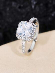 1pc Fashionable, Simple, Elegant, Sparkling Princess Square Synthetic Zirconia Wedding Engagement Ring, Women's High-End Jewelry, Exquisite Temperament Ring, Exquisite And Elegant Party And Wedding Accessories, Creative Gifts For Lovers - 銀色 - 查看 8