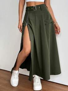 Chân váy xẻ tà màu trơn thời trang nữ, có khóa kéo, mùa xuân - Màu xanh lá cây đậm - Xem 5
