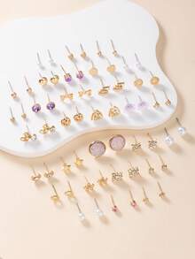 30 对银色金属水钻珍珠心形、叶子、花朵、字母耳钉套装，适合女士 - 彩色 - 查看 2