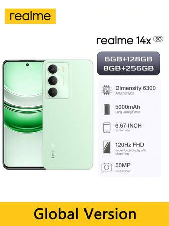 Realme 14X 5G 新品 2025 智能手机 大内存 5000mAh 长续航 120Hz 流畅显示屏 50MP AI 摄像头 IP64 防水 军用级保护 水晶 6+128GB/8+256GB 绿/黑